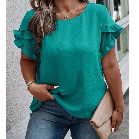 Plus Print Petal Ruffle Short Sleeve Blouse - Picture 3 of 4